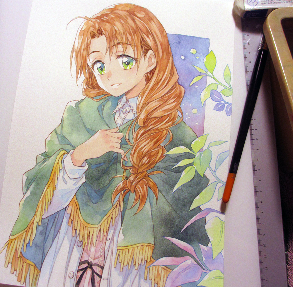 1girl, agahari, art_brush, art_tools_in_frame, black_ribbon, braid, brown_hair, buttons