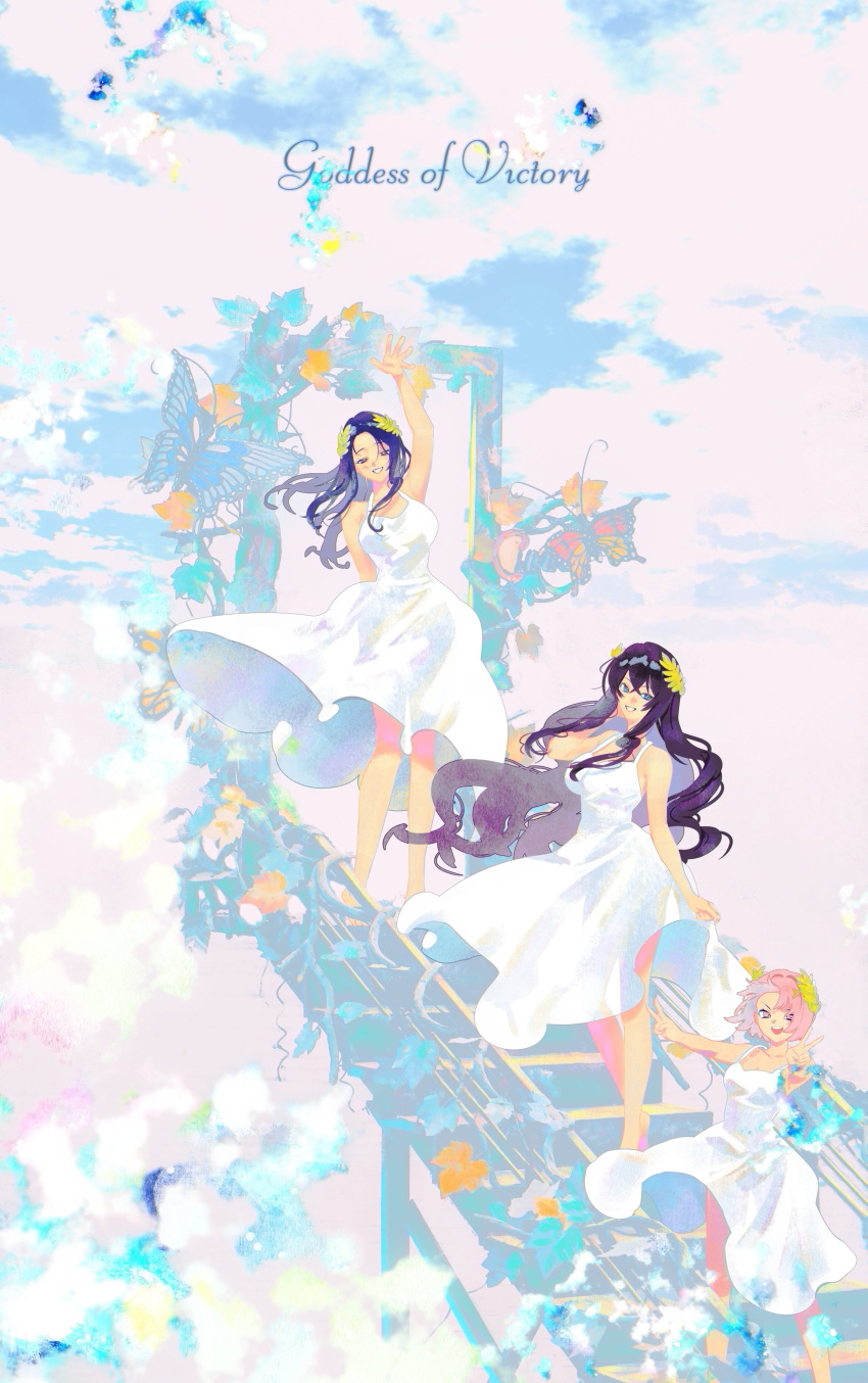 3girls, absurdres, black_hair, blue_eyes, blue_sky, blush, breasts, clouds