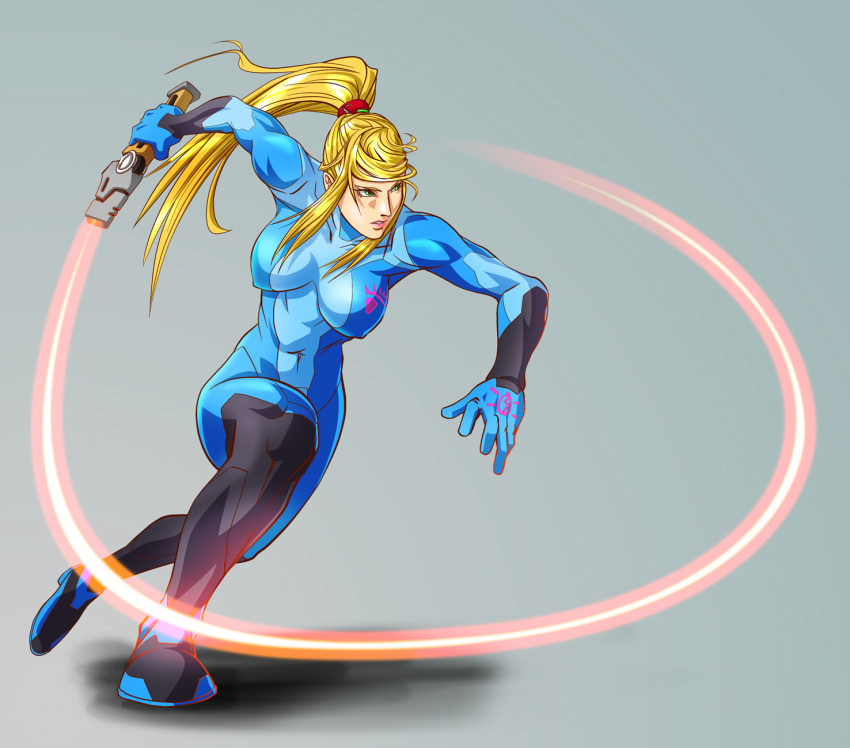 blonde_hair, blue_eyes, bouzu_oyaji, erect_nipples, female, highres, long_hair, metroid, ponytail, samus_aran, skin_tight, solo, whip, zero_suit