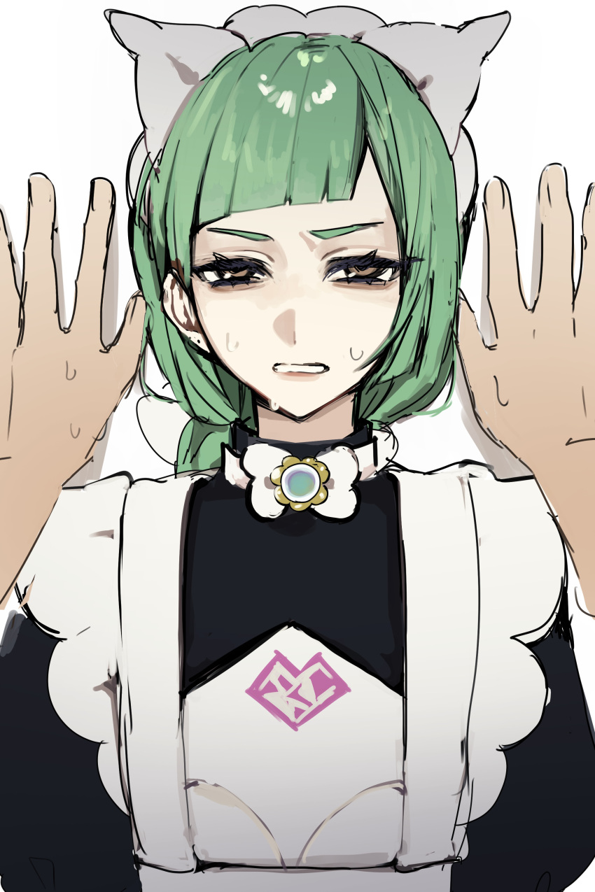 1girl, 1other, absurdres, apron, arm_support, blunt_bangs, bow, bowtie, braid, braided_ponytail, clenched_teeth, green_hair, half-closed_eyes, highres, ikqgon, juliet_sleeves, lebanne_(pokemon), long_hair, long_sleeves, looking_at_viewer, maid, maid_apron, maid_headdress, pink_lips, pokemon, pokemon_legends:_z-a, puffy_sleeves, sweat, teeth, tsurime, upper_body, white_bow, white_bowtie