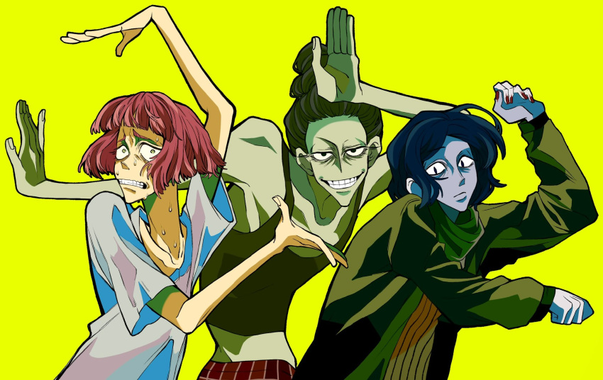 1boy, 2girls, black_coat, black_eyes, black_hair, black_tank_top, blue_skin, bob_cut, cashier_girl_(no_i'm_not_a_human), cat_lady_(no_i'm_not_a_human), coat, coat_guy_(no_i'm_not_a_human), colored_skin, green_scarf, highres, looking_at_viewer, medium_hair, missing_fingernails, multiple_girls, nervous_sweating, no_i'm_not_a_human, oriyu117, posing, red_hair, scared, scarf, shirt, short_hair, sweat, sweater, tank_top, white_shirt, yellow_background, yellow_eyes, yellow_sweater