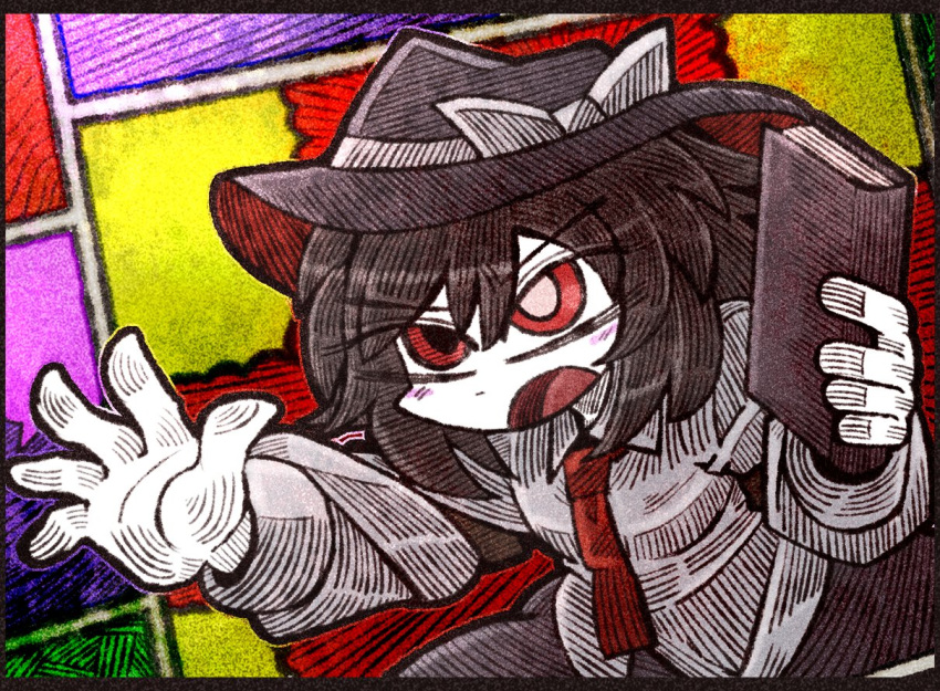 1girl, arm_garter, black_arm_garter, black_hat, black_skirt, blush, blush_stickers, book