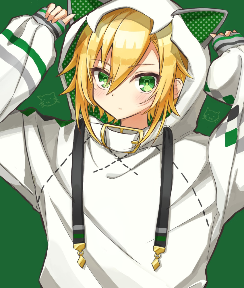 1boy, animal_ears, animal_hood, arms_up, blonde_hair, blush, cat, cat_ears