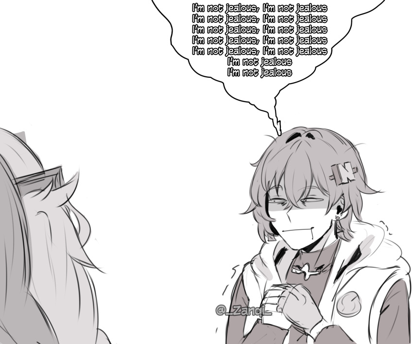 3girls, absurdres, belle_(zenless_zone_zero), black_shirt, closed_mouth, commentary, crossed_bangs, earrings