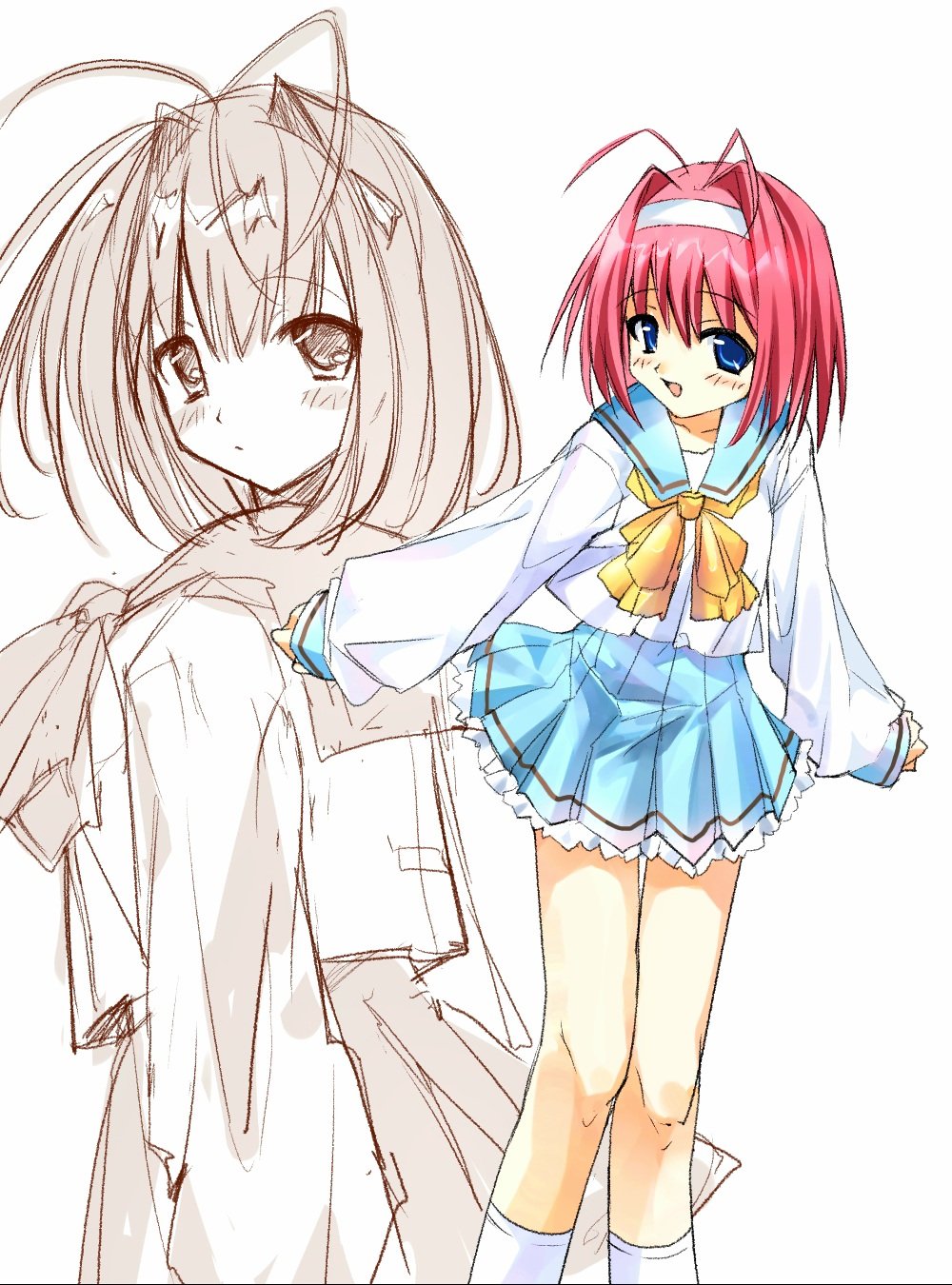 1girl, :d, antenna_hair, blue_eyes, blue_sailor_collar, blue_skirt, blush, clenched_hands