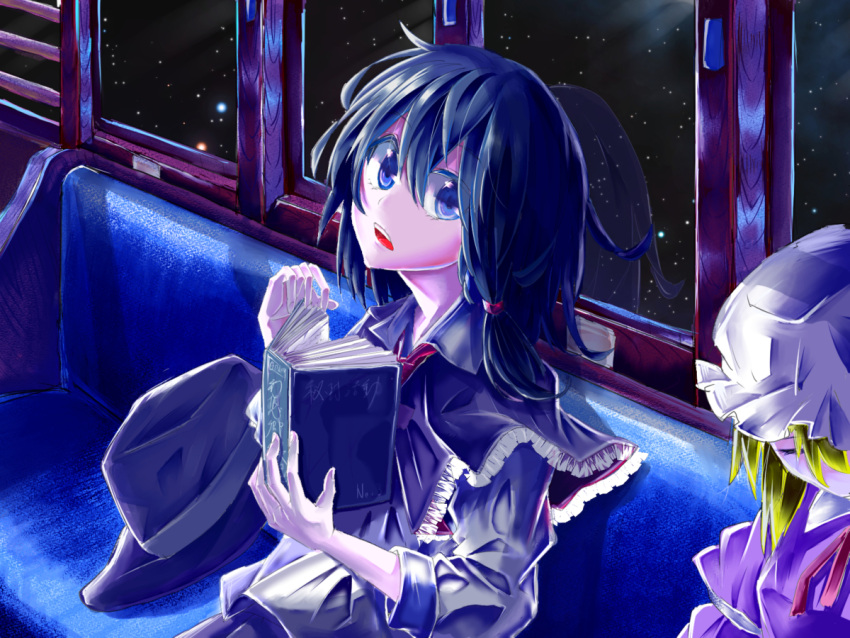 2girls, arm_garter, black_capelet, black_hair, black_hat, blonde_hair, blue_eyes, book