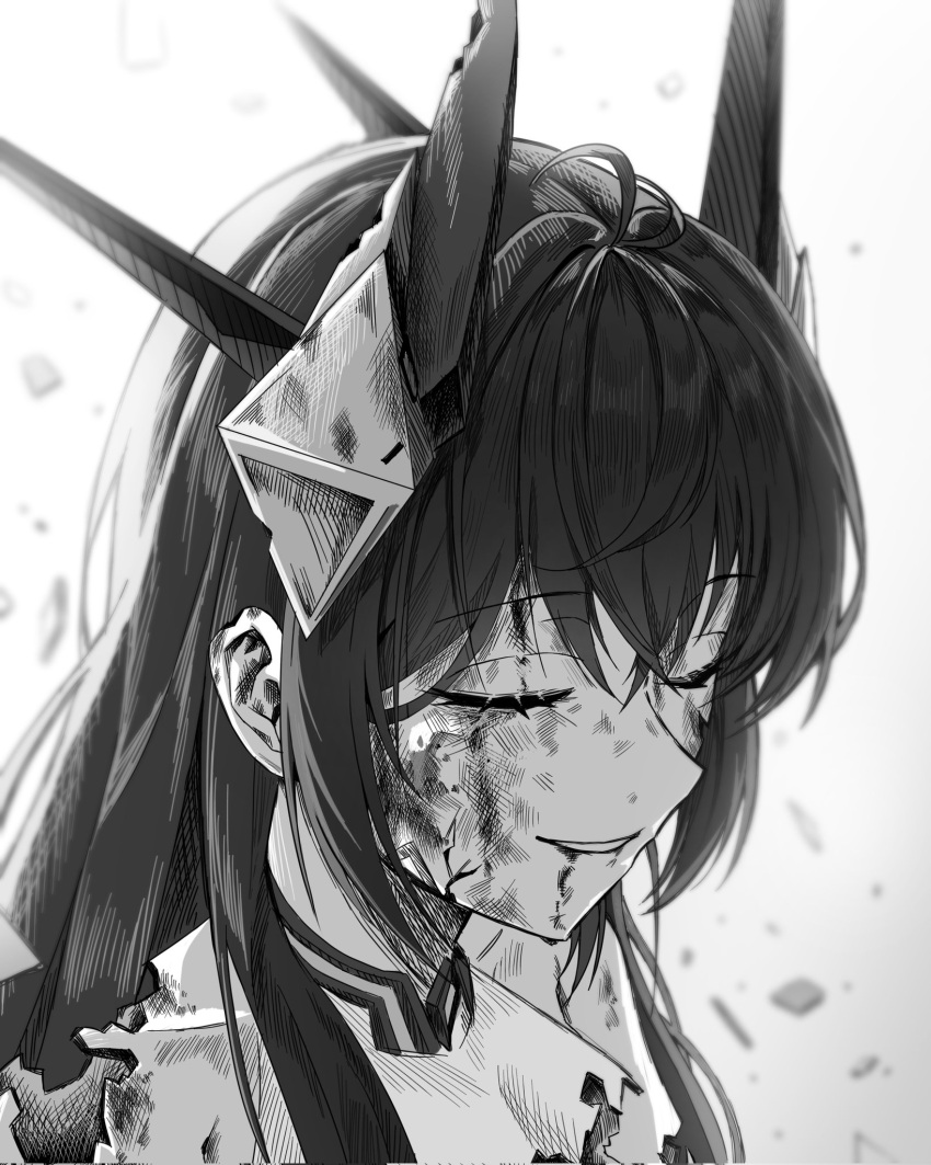 1girl, bare_shoulders, blood, blood_on_face, blurry, blurry_background, closed_eyes, dirty