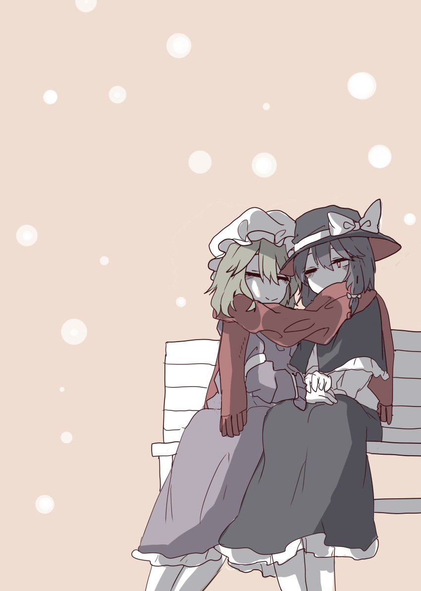 2girls, absurdres, arm_garter, bench, black_capelet, black_hair, black_hat, black_skirt