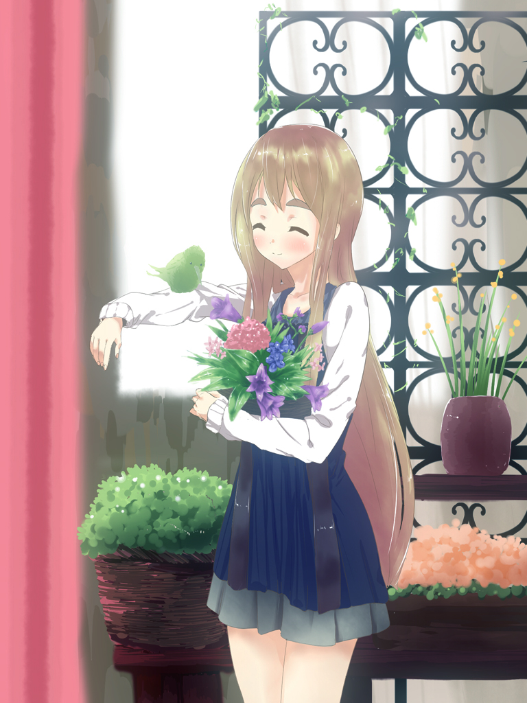 bird, bird_on_arm, blonde_hair, blush, closed_eyes, eyebrows, flower, girock