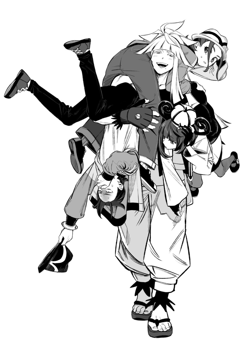 2boys, 2girls, carrying, carrying_multiple_people, carrying_over_shoulder, carrying_person, carrying_under_arm, coat