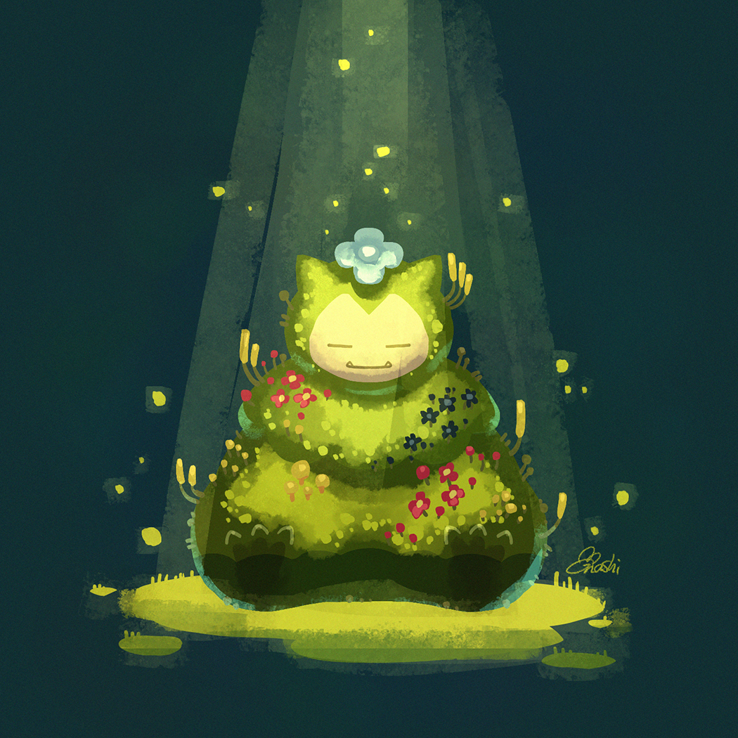 =_=, closed_eyes, closed_mouth, commentary_request, fangs, flower, full_body, light_particles