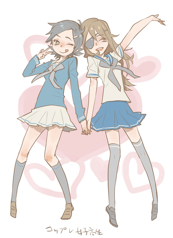 4444yon, black_hair, brown_eyes, brown_hair, cosplay, extra, fubuki_shirou, fubuki_shirou_(cosplay), green_eyes, hair_ornament, hairclip, hand_holding, holding_hands, inazuma_eleven, inazuma_eleven_(series), kneehighs, multiple_girls, sakuma_jirou, sakuma_jirou_(cosplay), school_uniform, thighhighs, v, wink