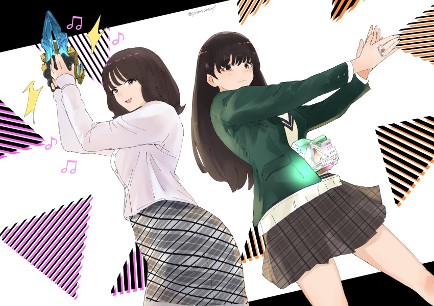 2girls, absurdres, alchemisdriver, black_hair, clapping, cowboy_shot, cycloneactionx, green_jacket