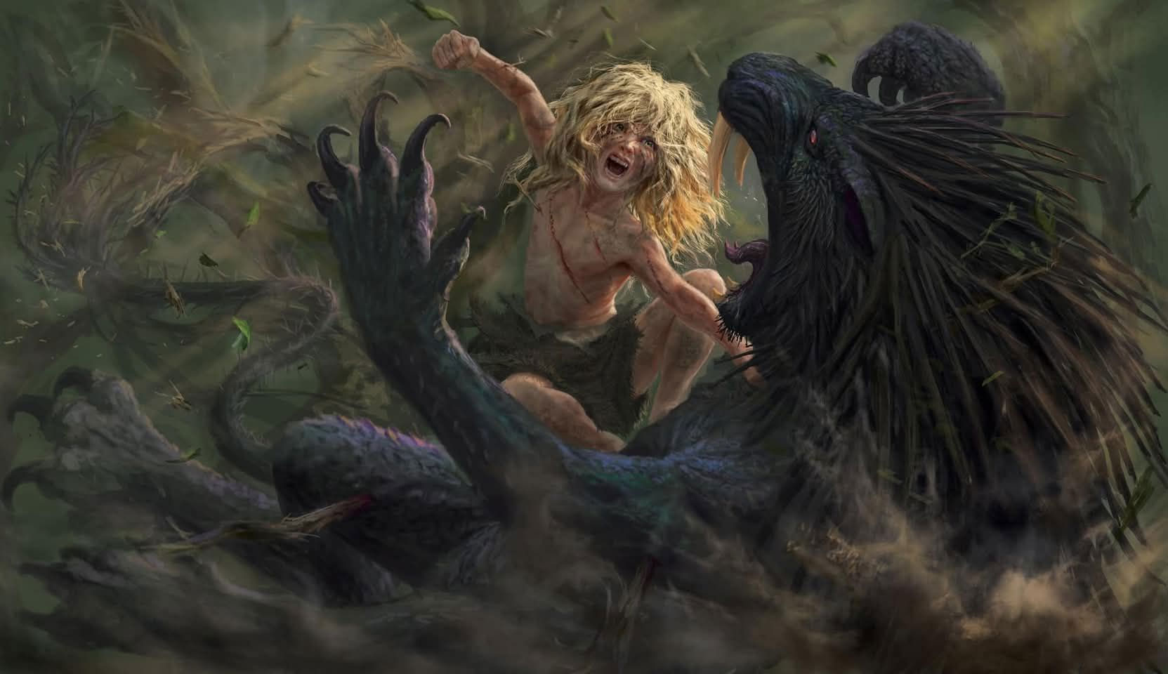 1boy, alex_cristi, bleeding, blonde_hair, blood, branch, calibanite_lion, child, claws, clenched_hand, dark_angels, fighting, forest, forked_tongue, green_eyes, highres, holding, incoming_attack, incoming_punch, leaf, lion, lion_el'jonson, lion_tail, long_hair, mane, mounting, nature, primarch, punching, raised_fist, roaring, scratches, sharp_teeth, spiky_hair, tail, teeth, tongue, warhammer_40k