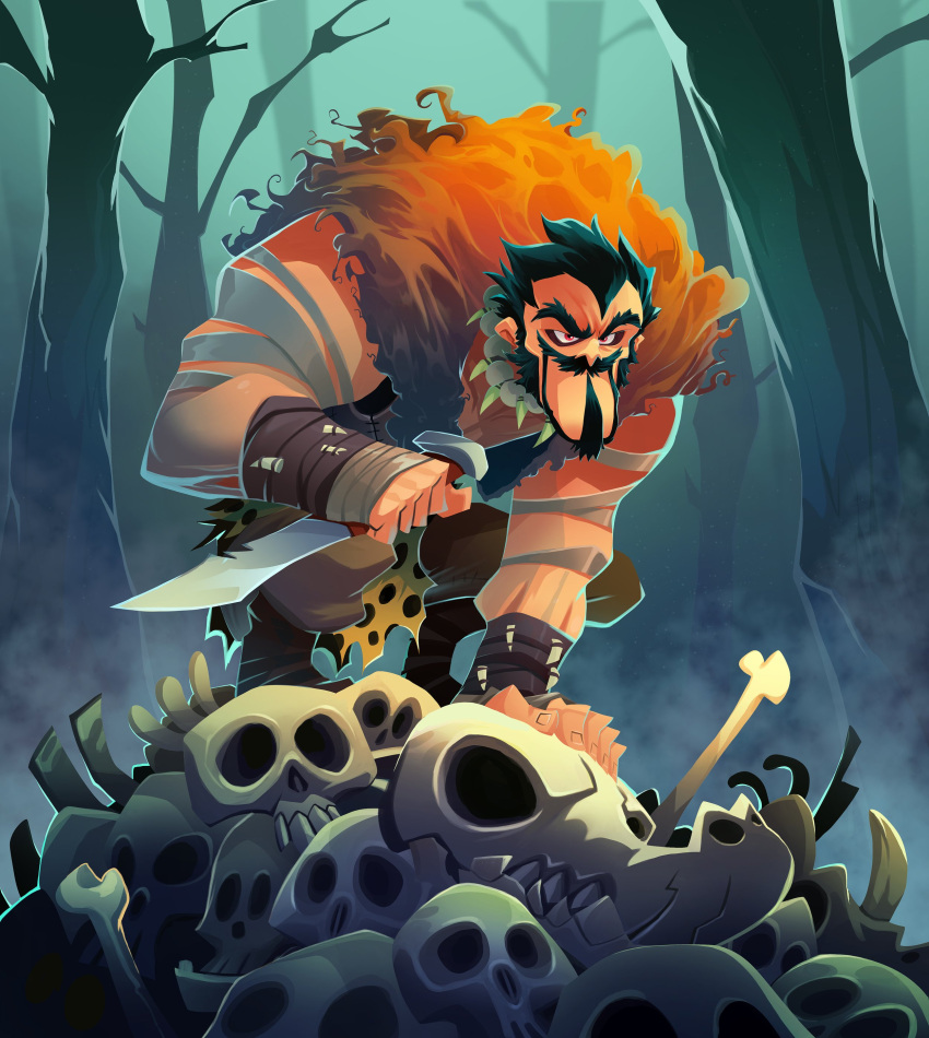 1boy, absurdres, animal_bones, animal_print, animal_skull, bare_arms, bare_tree, beard