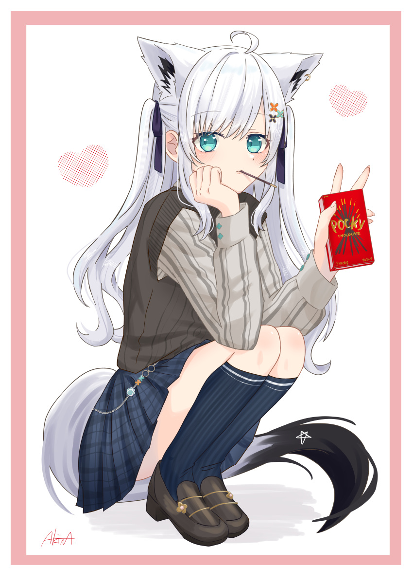 1girl, absurdres, ahoge, akina_(user_ucnd3578), animal_ear_piercing, animal_ears, aqua_eyes, black_shoes