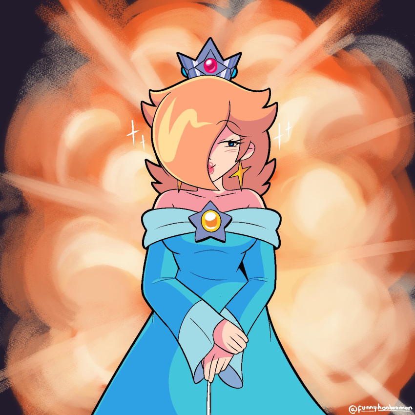 1girl, bare_shoulders, blonde_hair, blue_dress, blue_eyes, brooch, closed_mouth, crown