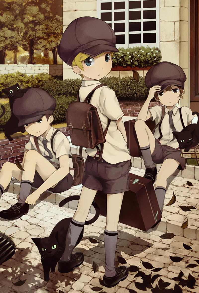 backpack, bag, black_cat, black_cat_(animal), blonde_hair, blue_eyes, book, brown_hair, cat, footwear, hat, house, leaf, male, mauveboy, multiple_boys, original, randoseru, scenery, shoes, short_hair, sitting, socks, suspenders, tree, window, windows