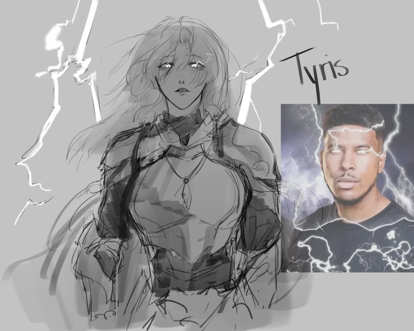 1girl, absurdres, armor, breastplate, character_name, glowing, glowing_eyes, greyscale, hair_between_eyes, highres, jewelry, lightning, logicsterrr, long_hair, looking_at_viewer, low_tier_god, meme, monochrome, parted_lips, pendant, reference_inset, screenshot_inset, shadow_slave, shoulder_armor, solo, tyris_(shadow_slave), upper_body, very_long_hair, wind, you_should_kill_yourself_now_(meme)