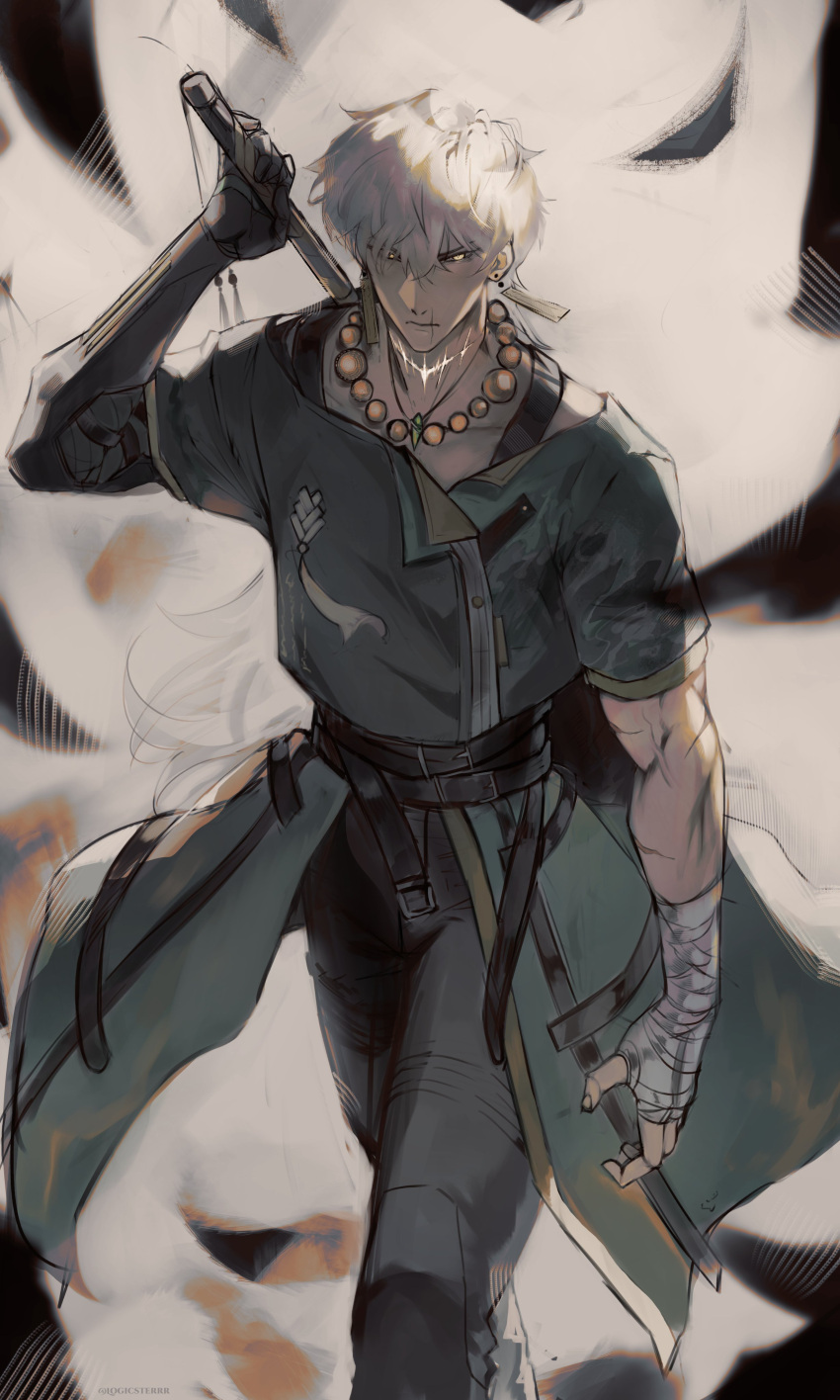 1boy, absurdres, bandaged_arm, bandages, bead_necklace, beads, coat, feet_out_of_frame
