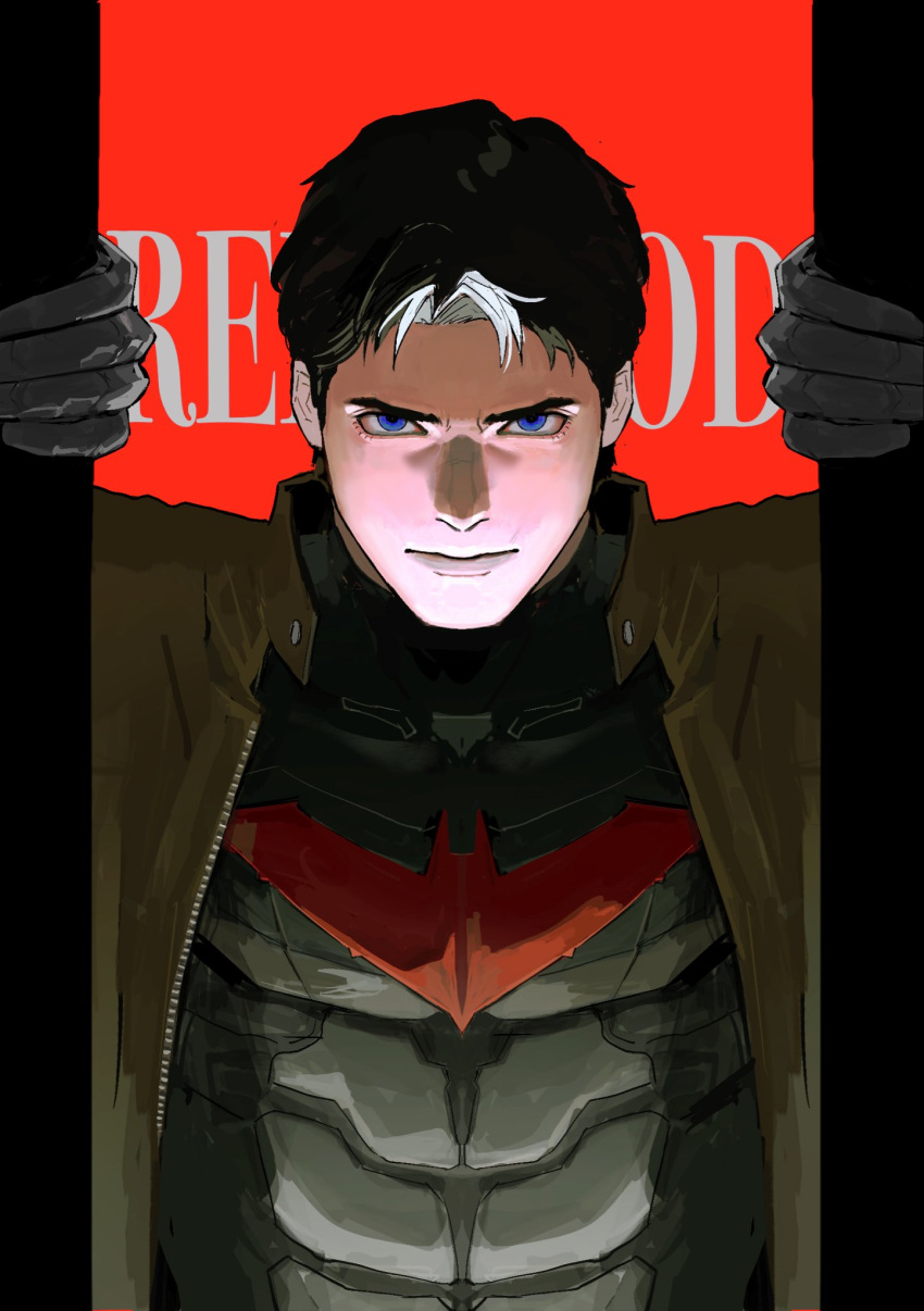 1boy, bat_signal, batman_(series), batman_symbol, black_bodysuit, black_gloves, black_hair, blue_eyes, bodysuit, brown_jacket, dc_comics, gloves, grey_bodysuit, highres, jacket, jason_todd, male_focus, multicolored_bodysuit, muscular, muscular_male, open_clothes, red_hood_(dc), red_hood_and_the_outlaws, rwheel0333, short_hair, superhero_costume, taut_bodysuit, two-tone_bodysuit