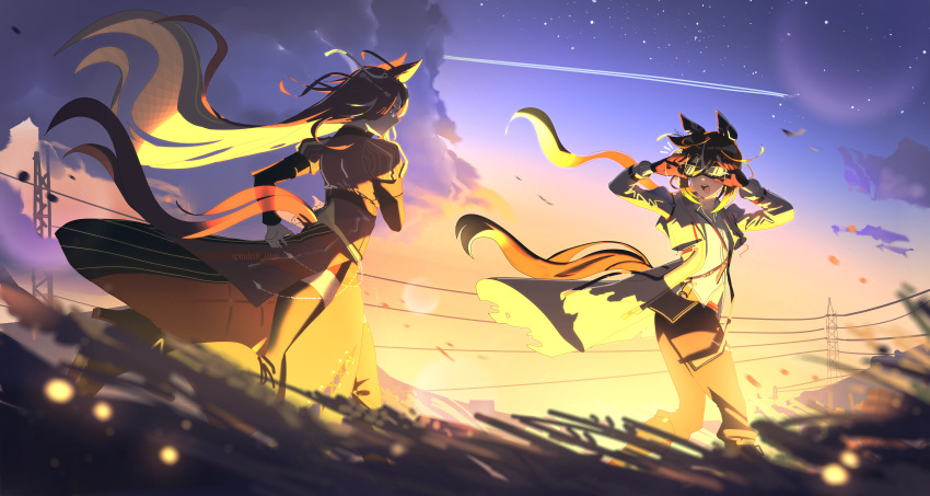2girls, absurdres, animal_ears, black_hair, black_thighhighs, blue_eyes, brown_hair, coat