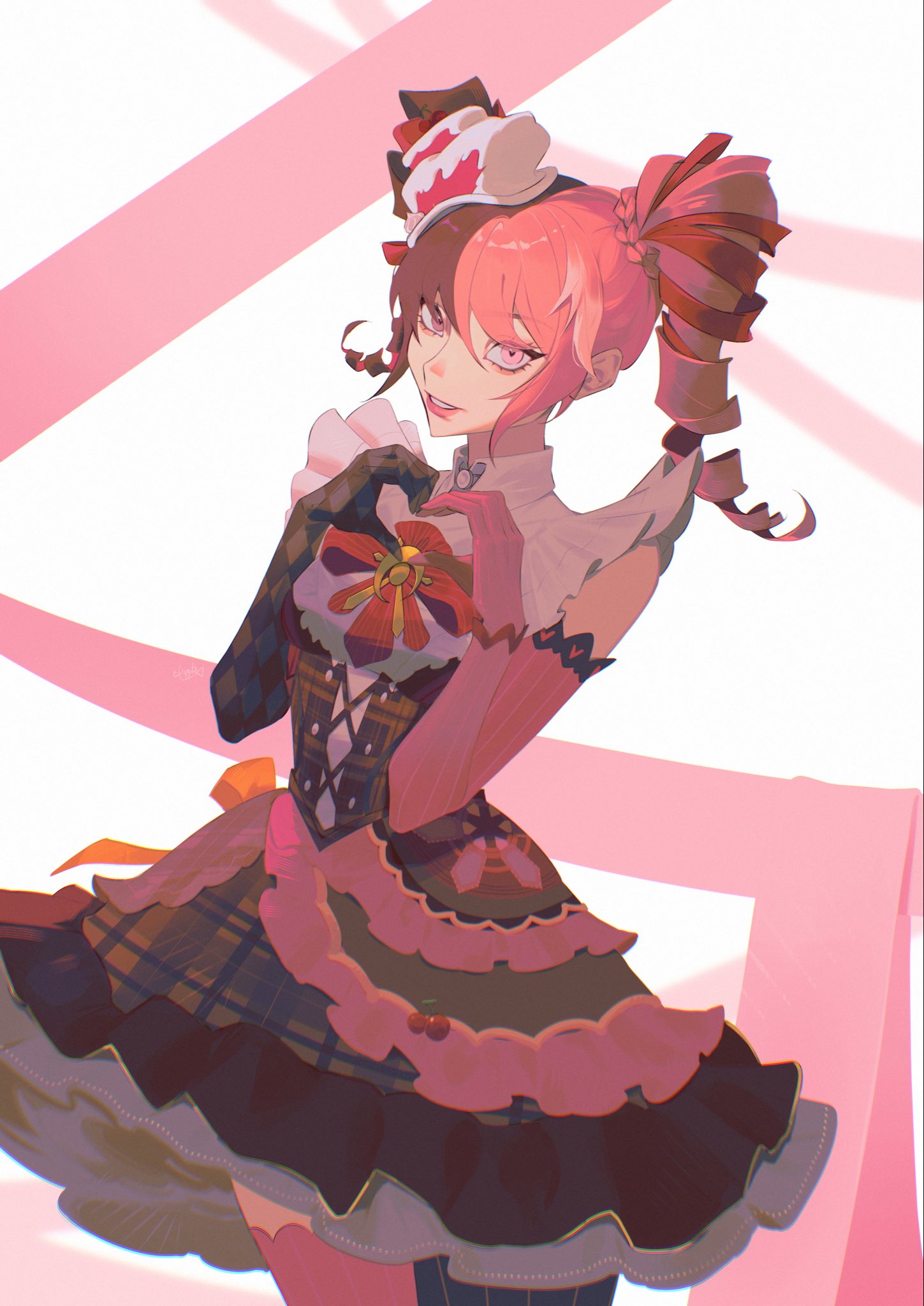 1girl, breasts, cake, dress, food, gloves, haji_(haji07lo), heterochromia, highres, long_hair, looking_at_viewer, luna_snow, marvel, marvel_rivals, multicolored_hair, pink_hair, smile, solo, split-color_hair, two-tone_hair