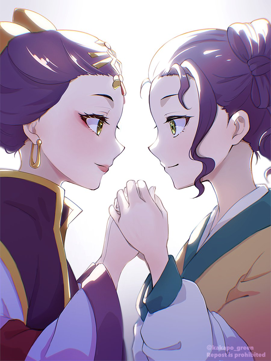 2girls, bow, chinese_clothes, closed_mouth, dress, earrings, eye_contact, eyelashes