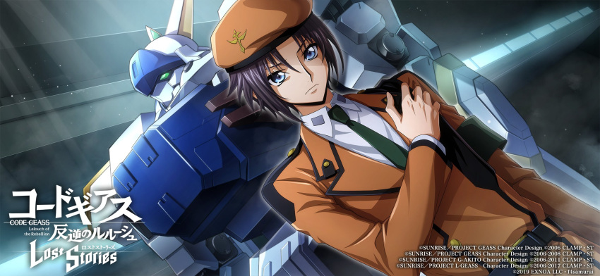 1boy, arm_at_side, armband, aroundight_(code_geass), belt, beret, black_hair, blue_eyes
