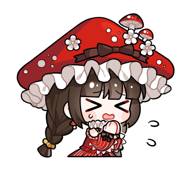 >_<, 1girl, artist_request, bare_shoulders, beads, black_bow, blunt_bangs, blunt_ends, blush_stickers, bow, braid, brown_bow, brown_hair, chibi, clothing_cutout, cropped_torso, dress, flower, flying_sweatdrops, frilled_headwear, glimmering_forest_(infinity_nikki), hair_beads, hair_ornament, hat, hat_bow, hat_flower, hat_ornament, infinity_nikki, lace-trimmed_sleeves, lace_trim, long_hair, long_sleeves, low_twin_braids, mushroom, mushroom_hat, mushroom_hat_ornament, neck_ruff, nervous, nikki_(series), official_art, open_mouth, own_hands_together, puffy_long_sleeves, puffy_sleeves, raised_inner_eyebrows, red_dress, red_hat, shoulder_cutout, single_stripe, sleeve_bow, solo, striped_bow, striped_clothes, striped_dress, sweatdrop, transparent_background, twin_braids, vertical-striped_clothes, vertical-striped_dress, very_long_hair, wavy_mouth, white_flower
