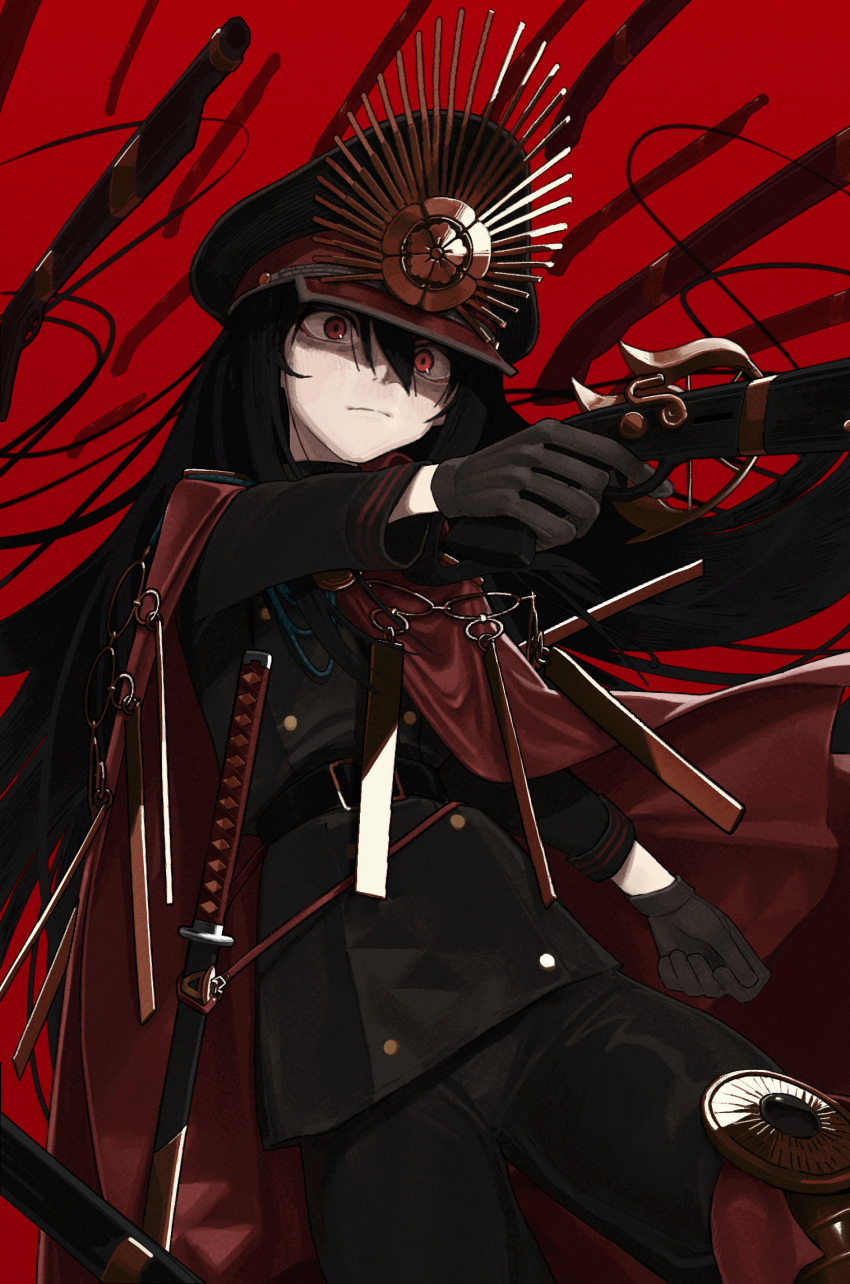 1girl, black_gloves, black_hair, blazer, fate/grand_order, fate_(series), gloves, gun