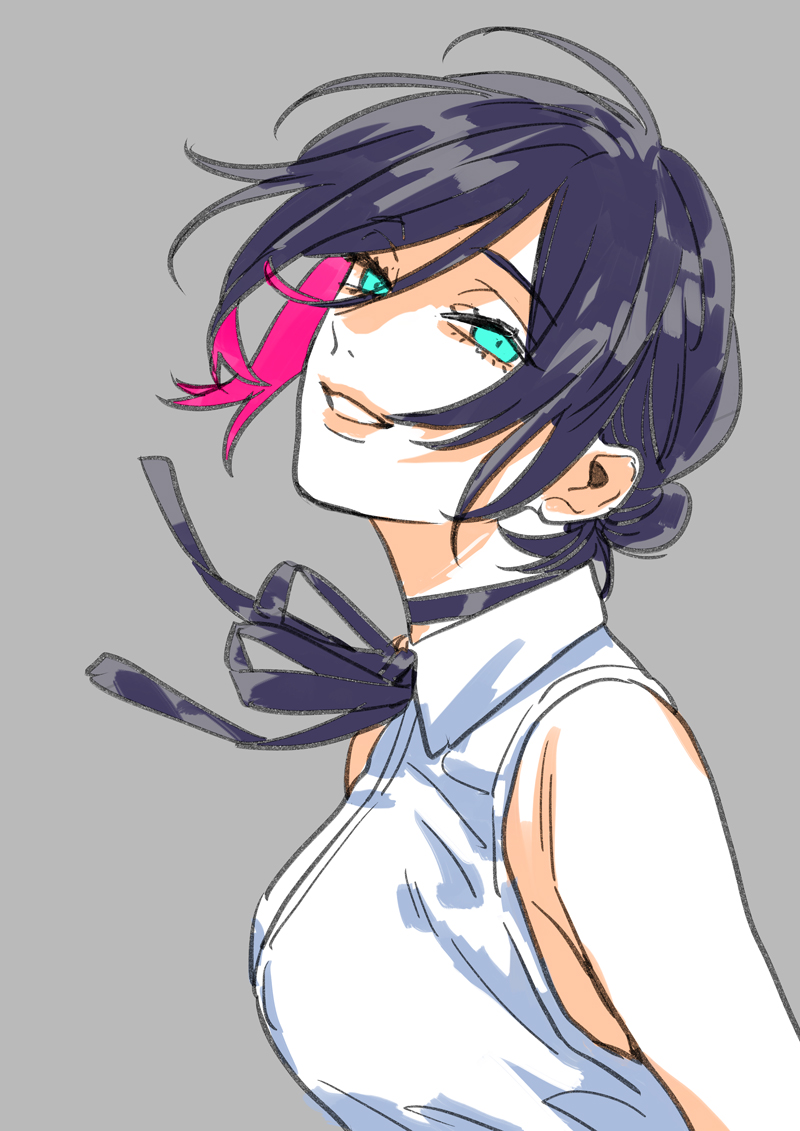 1girl, black_choker, black_ribbon, chainsaw_man, choker, green_eyes, hair_bun, i'll_teach_you_everything_(chainsaw_man)