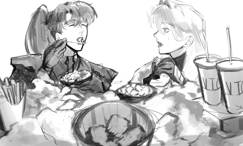 1boy, 1girl, absurdres, armor, bowl, closed_eyes, drink, eating