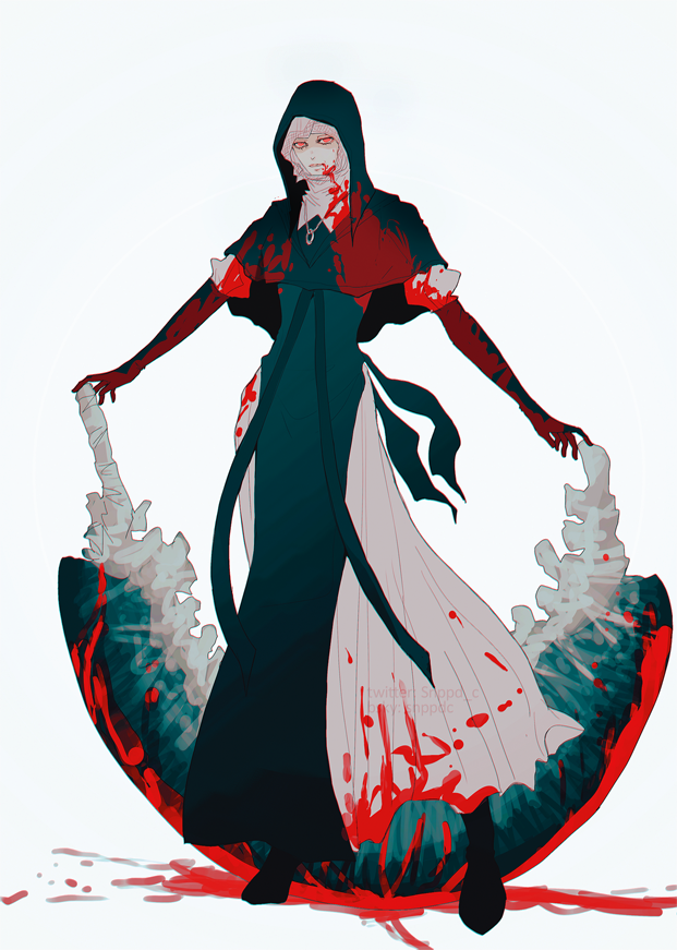 1girl, black_boots, black_capelet, black_gloves, blood, blood_on_clothes, blood_on_face, blood_on_weapon