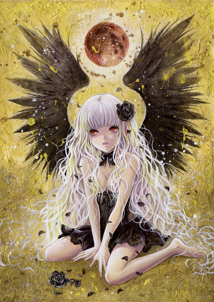 black_wings, censor_hair, corset, dress, flower, full_moon, hair_flower, hair_ornament