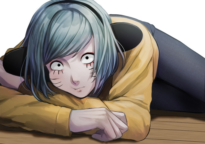 1boy, animal_ears, black_eyes, blue_hair, commentary_request, crossed_arms, facial_mark, fake_animal_ears