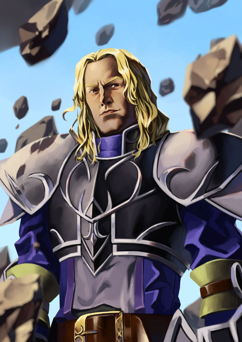 1boy, absurdres, armor, blonde_hair, breastplate, brown_eyes, closed_mouth, commentary_request