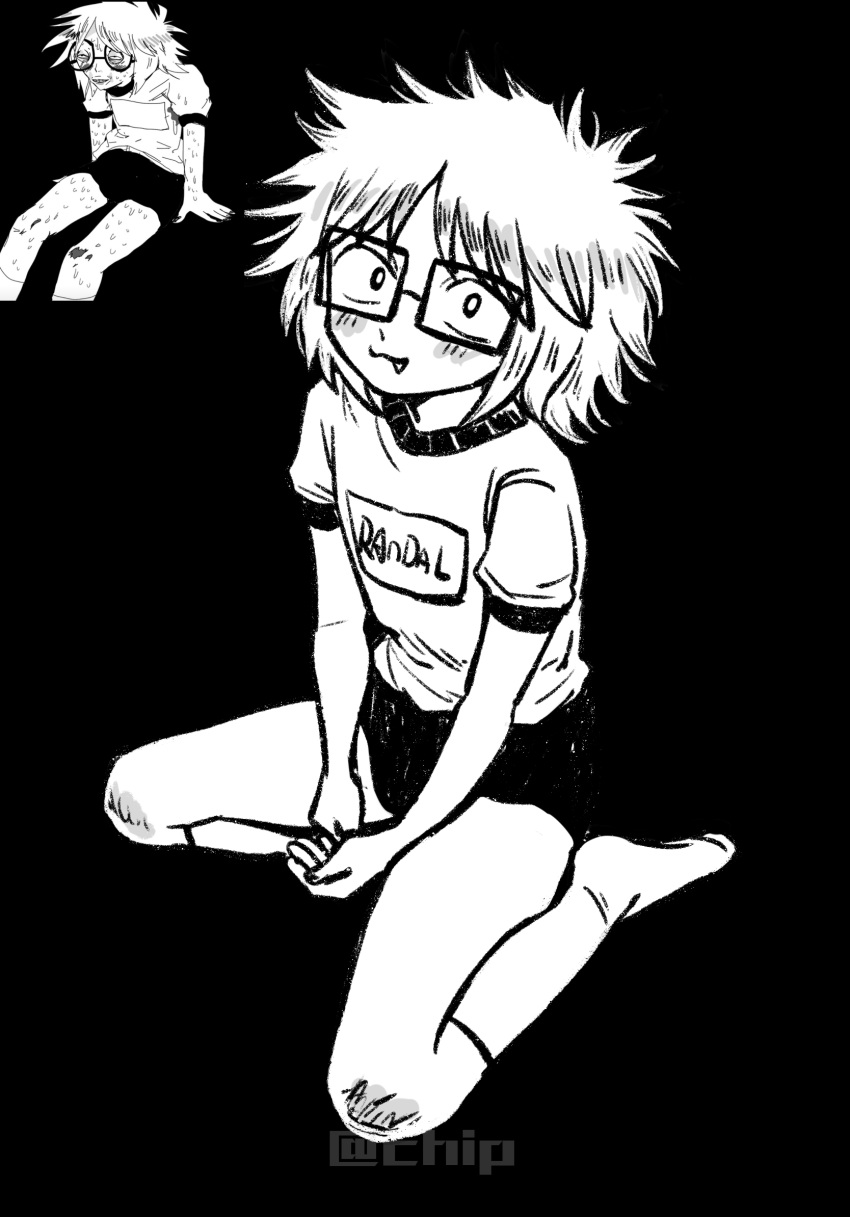 1boy, black_background, chinese_commentary, commentary_request, fang, fang_out, glasses, greyscale