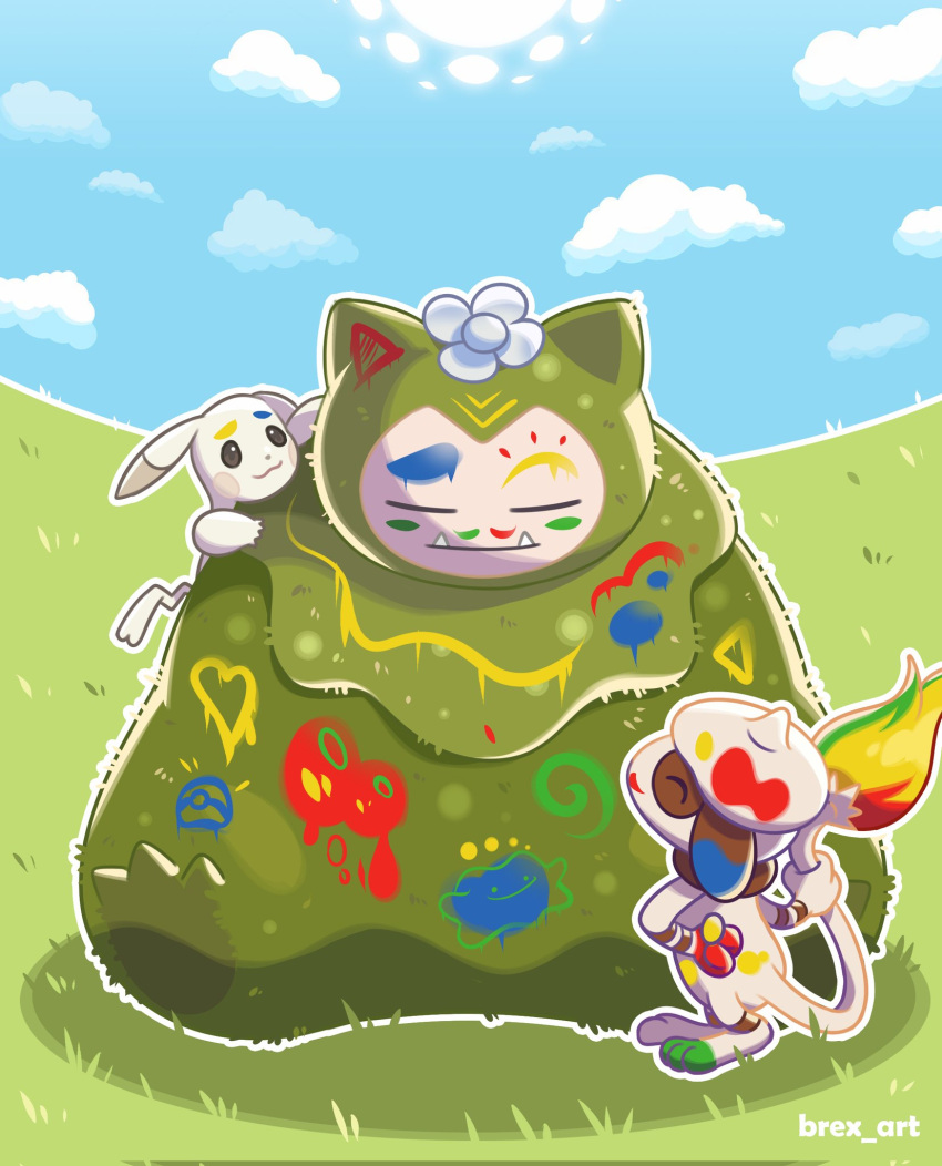 alternate_color, alternate_form, blue_sky, brex_art, closed_eyes, closed_mouth, clouds, ears_down, fangs, flower, full_body, hand_on_own_hip, highres, holding, holding_own_tail, moss, mosslax, no_humans, paint, paint_on_body, peakychu, pikachu, pokemon, pokemon_(creature), pokemon_focus, pokemon_pokopia, sitting, sky, sleeping, smeargle, smearguru, smile, snorlax, tail
