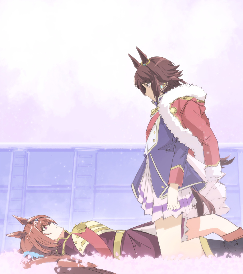 2girls, absurdres, aiguillette, animal_ears, belt, blue_jacket, breasts, brown_eyes