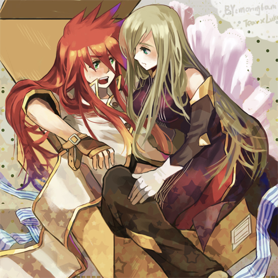 1girl, ahoge, bad_id, blonde_hair, blue_eyes, box, brown_hair, coat, couple, fingerless_gloves, gloves, gradient_hair, green_eyes, long_hair, luke_fon_fabre, morning6am, multicolored_hair, pants, payot, red_hair, redhead, ribbon, star, tales_of_(series), tales_of_the_abyss, tear_grants