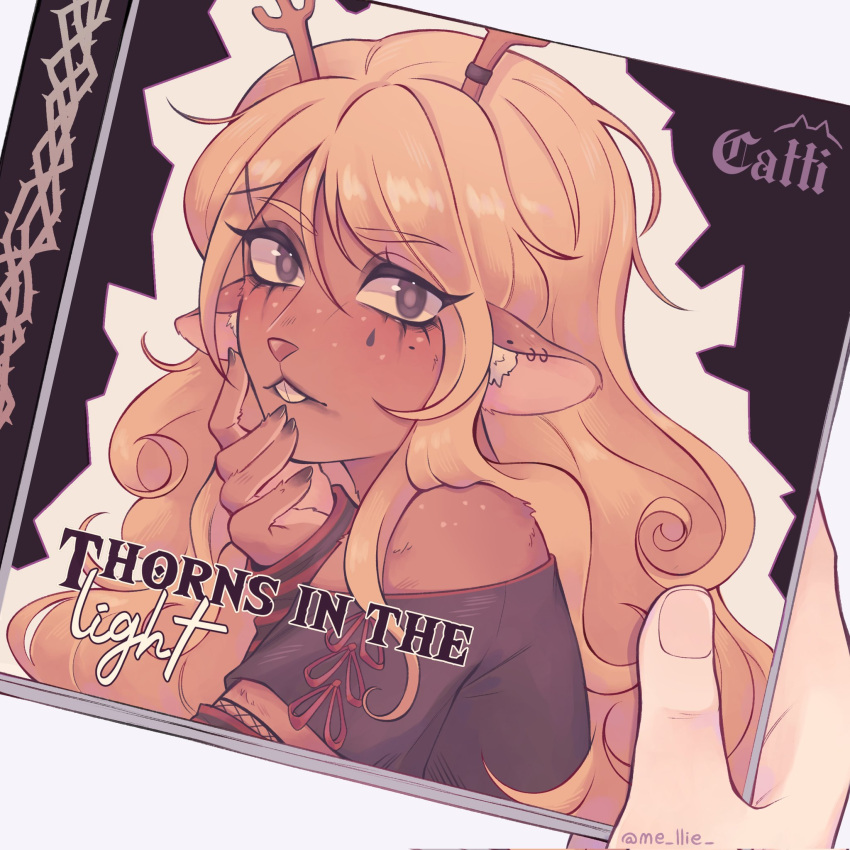 1girl, 1other, animal_ear_fluff, animal_ear_piercing, animal_ears, animal_nose, antlers, bare_shoulders