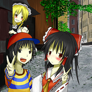 black_hair, blonde_hair, blush, crossover, detached_sleeves, detatchced_sleeves, doseisan, hakurei_reimu
