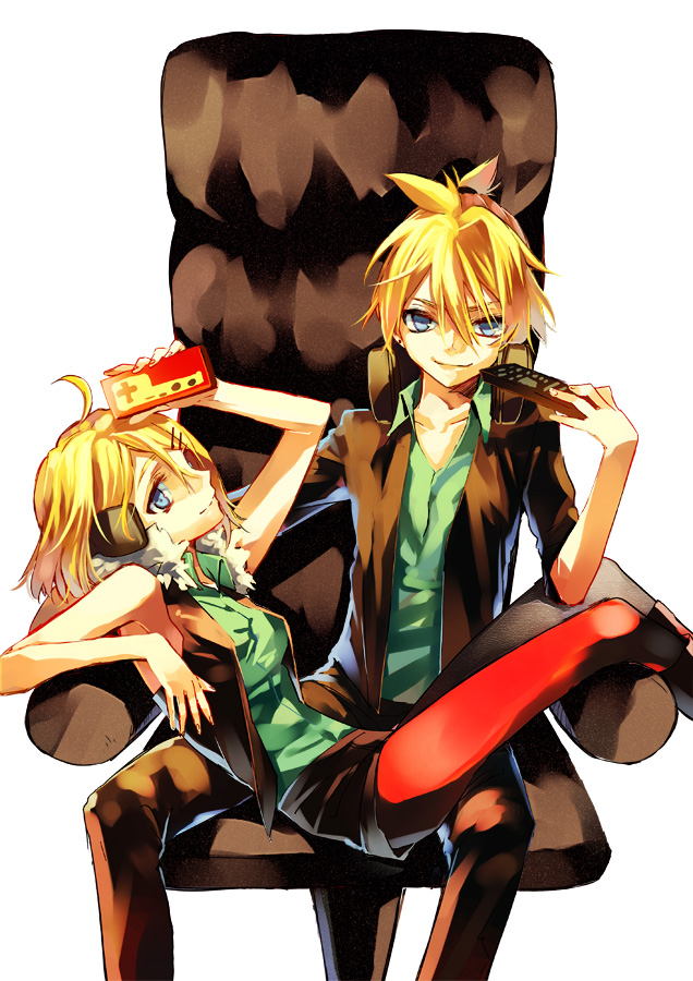 blonde_hair, casual, chair, kagamine_len, kagamine_rin, pantyhose, project_diva, project_diva_(series)