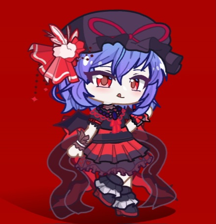 1girl, arm_up, black_boots, blue_hair, blush, boots, bow, chest_jewel, chibi, chibi_only, dress, frilled_dress, frilled_shirt_collar, frilled_sleeves, frills, gacha_life_(medium), hair_ribbon, jewelry, large_bow, light_blush, lowres, mini_wings, puffy_sleeves, purple_hair, red_bow, remilia_scarlet, remilia_scarlet_(tiny_devil_mistress), ribbon, short_hair, short_sleeves, smile, tongue, tongue_out, touhou, touhou_lostword, wings, wrist_cuffs