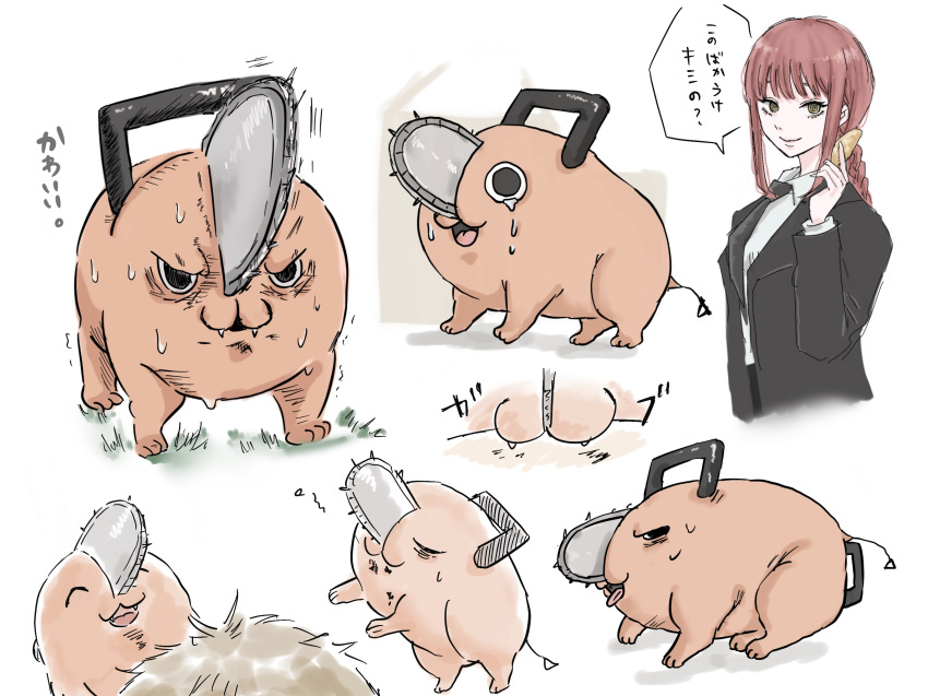1boy, 1girl, black_coat, black_necktie, chainsaw, chainsaw_man, closed_mouth, coat