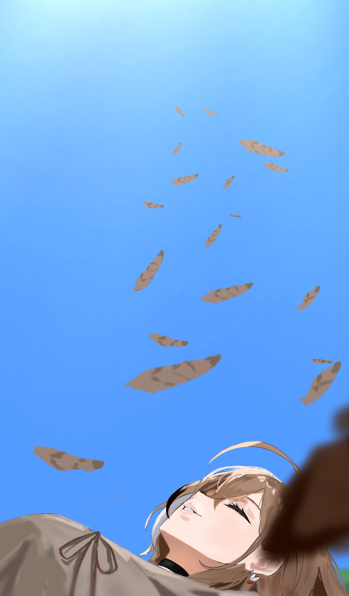 1girl, black_choker, blue_sky, brown_hair, brown_ribbon, choker, closed_eyes, day