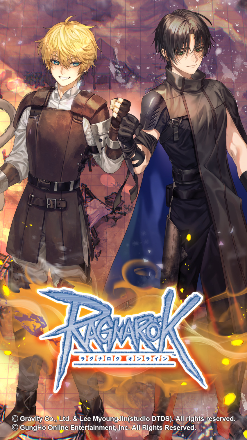 2boys, armor, black_gloves, black_hair, black_pants, black_shirt, blonde_hair, blue_cloak