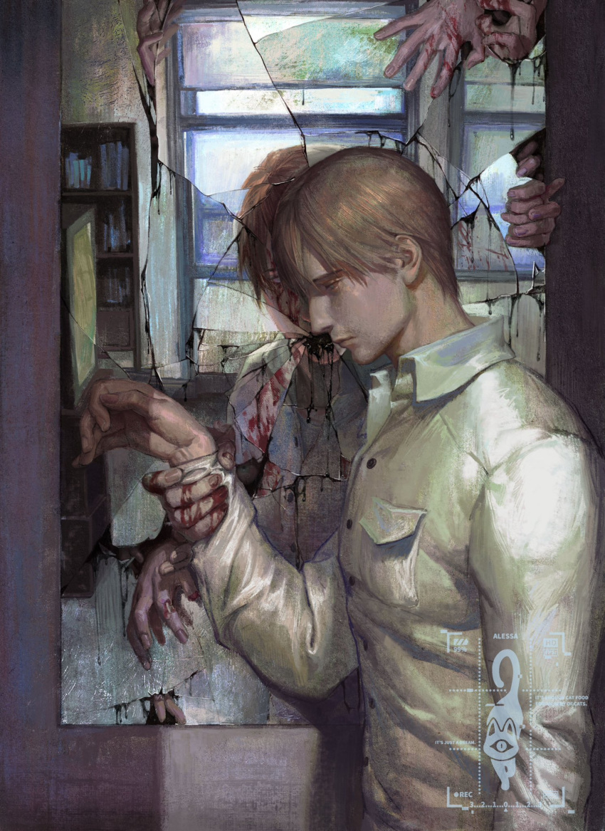 1boy, blood, breast_pocket, brown_hair, buttons, closed_mouth, collared_shirt, commission, crack, cracked_glass, expressionless, from_side, henry_townshend, highres, holding_another's_wrist, long_sleeves, male_focus, mirror, pocket, sad, second-party_source, shirt, short_hair, silent_hill, silent_hill_(series), silent_hill_4, silent_hill_4:_the_room, the_old_crane, white_shirt