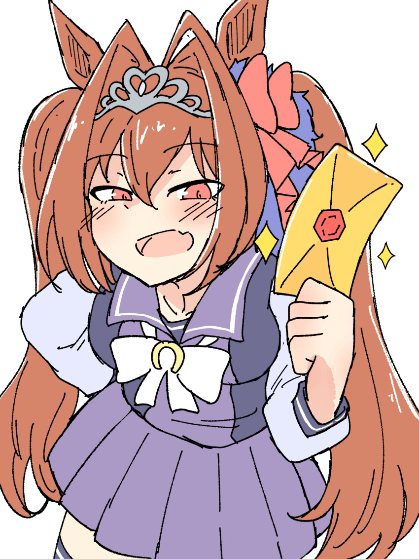 1girl, absurdres, animal_ears, blush, bow, breasts, brown_hair, collarbone, cowboy_shot, daiwa_scarlet_(umamusume), envelope, fang, hair_bow, hair_intakes, highres, holding, holding_envelope, horse_ears, horse_girl, leaning_forward, long_hair, looking_at_viewer, medium_breasts, nekomimi_sukinosuke, open_mouth, pleated_skirt, red_eyes, sailor_collar, school_uniform, skin_fang, skirt, smile, solo, sparkle, thigh-highs, tiara, tracen_school_uniform, twintails, umamusume, very_long_hair